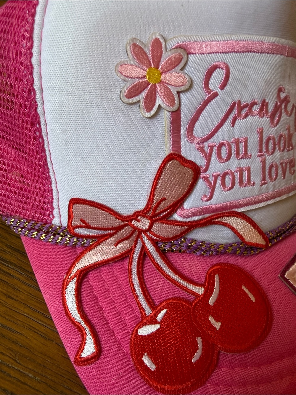 Pink 'Main Character' Trucker Hat with Cherries “You look like you ❤️ me” - Picture 4 of 5